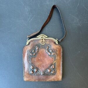 Meeker Made Vintage Coin Purse Art Nouveau Embossed Leather Turnloc Bag Antique